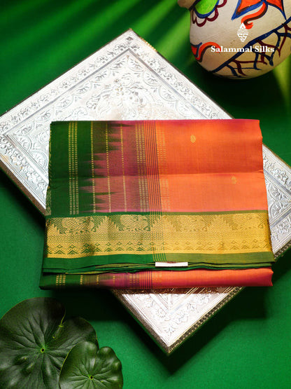 Beautiful Peach Handloom Pure Silk Cotton Saree With Green Traditional Border