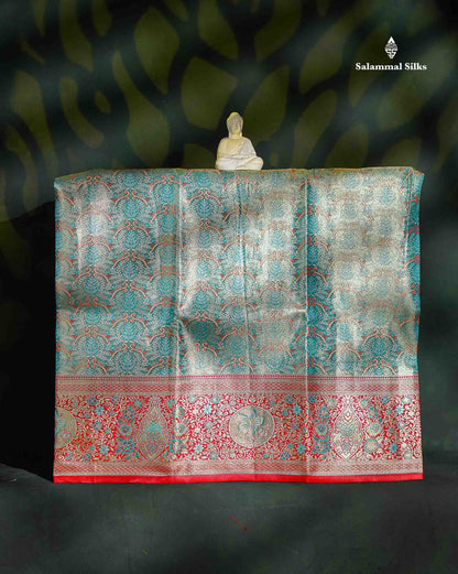 Semi Silk Pattu Pavadai - Pastel Blue Tissue With Contrast Chilly Red Blouse | 9+ Years