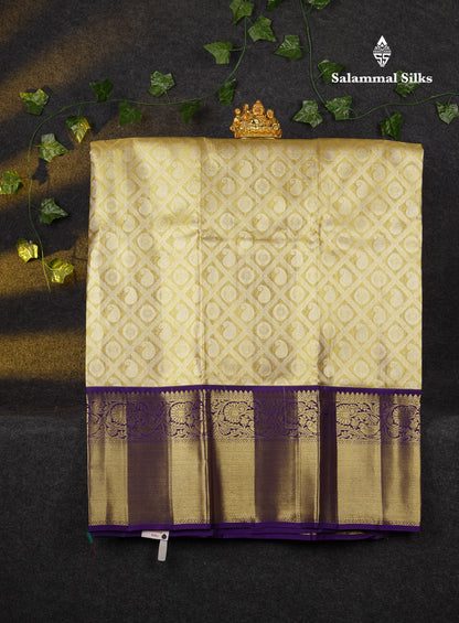 Beautiful Pure Silk Pattu Pavadai Tissue (Gold) With Contrast Navy Blue Blouse 45"