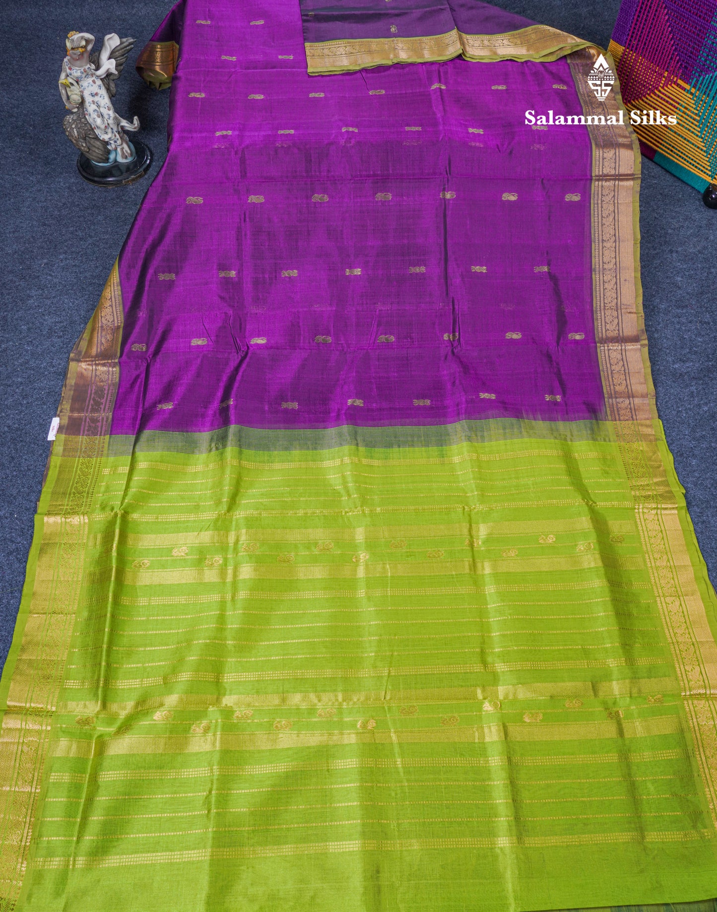 Dark Purple Pure Silk Cotton Saree With Contrast Parrot Green Blouse