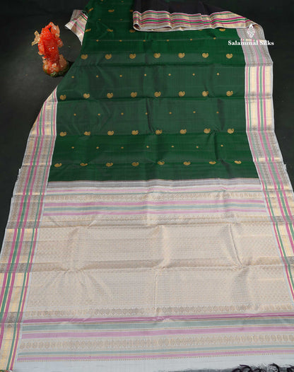 Korvai Pure Kanjivaram Silk Saree - Bottle Green Colour Body With Contrast Silver Border