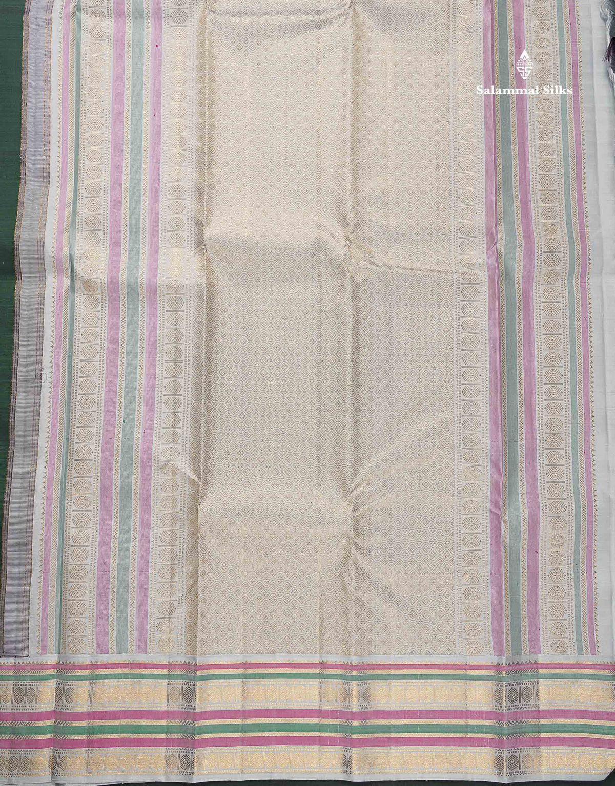 Korvai Pure Kanjivaram Silk Saree - Bottle Green Colour Body With Contrast Silver Border