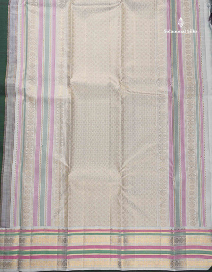 Korvai Pure Kanjivaram Silk Saree - Bottle Green Colour Body With Contrast Silver Border