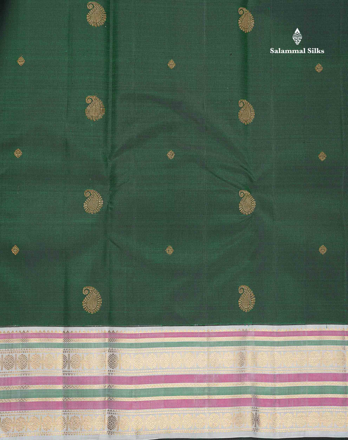 Korvai Pure Kanjivaram Silk Saree - Bottle Green Colour Body With Contrast Silver Border