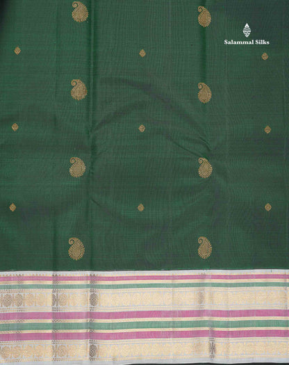Korvai Pure Kanjivaram Silk Saree - Bottle Green Colour Body With Contrast Silver Border