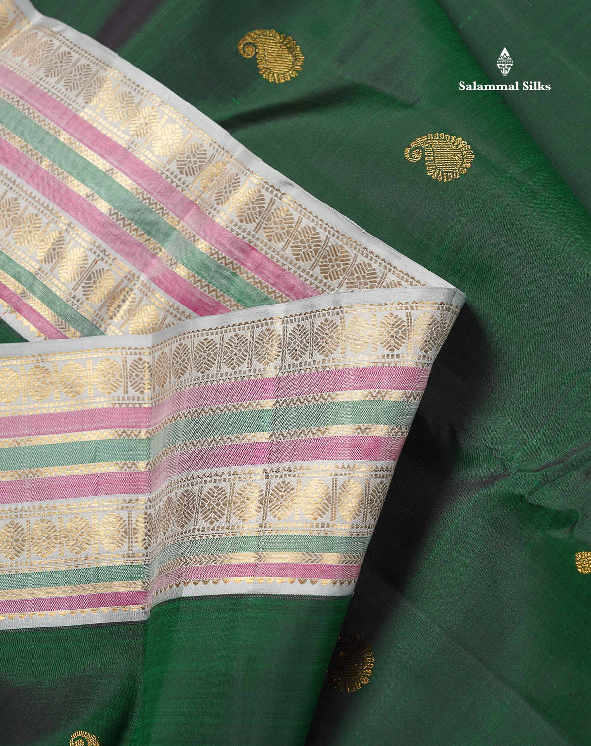 Korvai Pure Kanjivaram Silk Saree - Bottle Green Colour Body With Contrast Silver Border