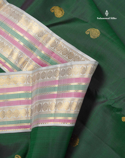 Korvai Pure Kanjivaram Silk Saree - Bottle Green Colour Body With Contrast Silver Border