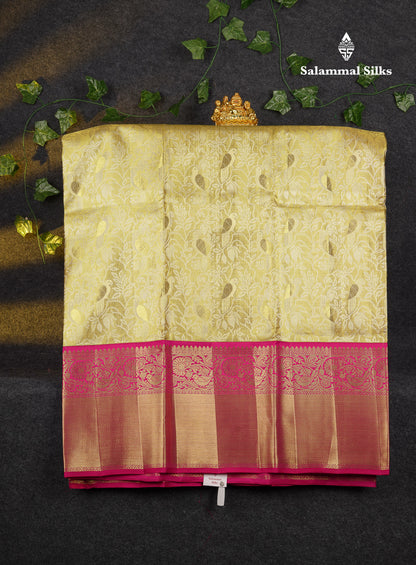 Beautiful Pure Silk Pattu Pavadai Tissue (Gold) With Contrast Pink Blouse 45"