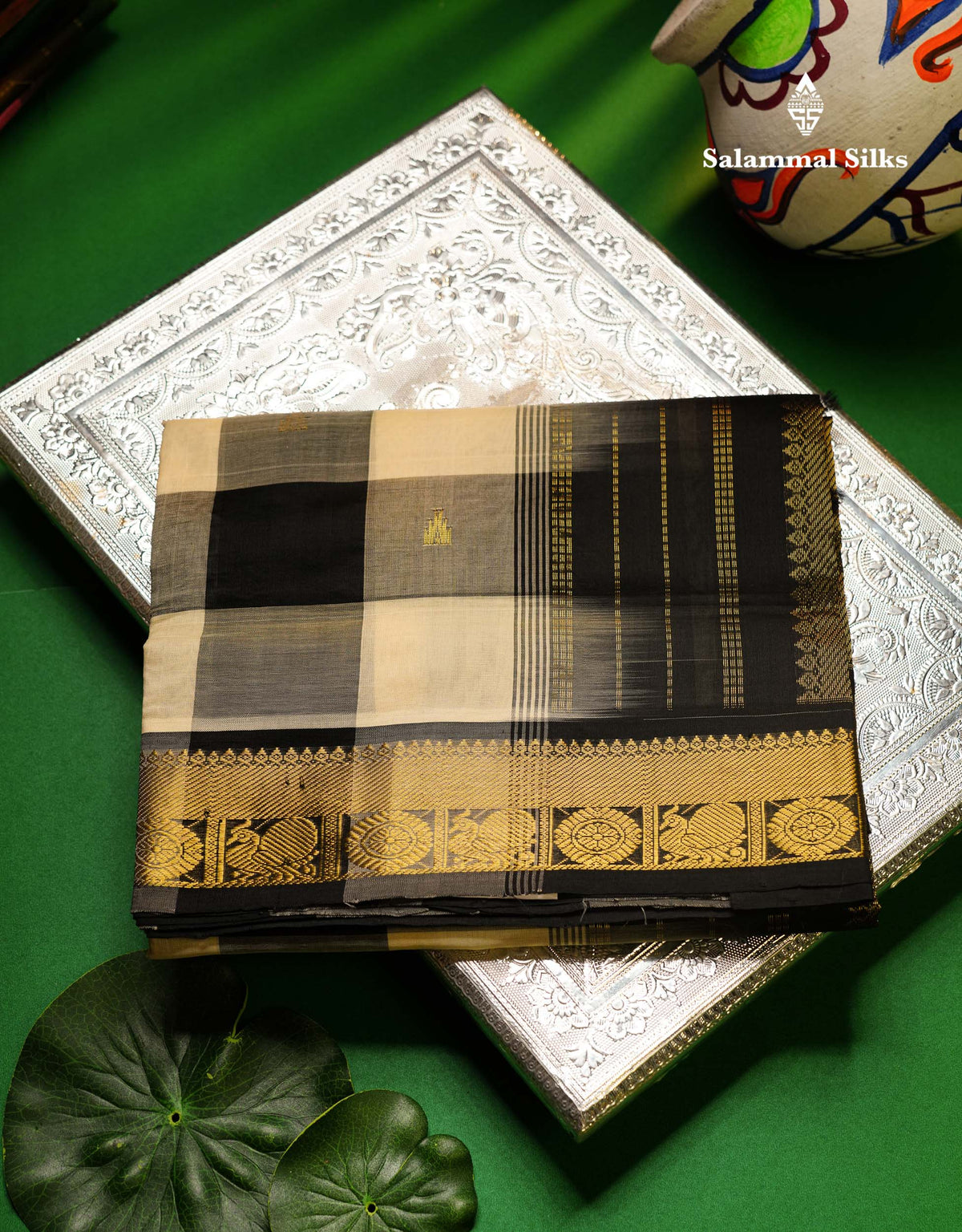 Beautiful Paalum Pazham Checks Semi Silk Cotton Saree With Contrast Black Blouse