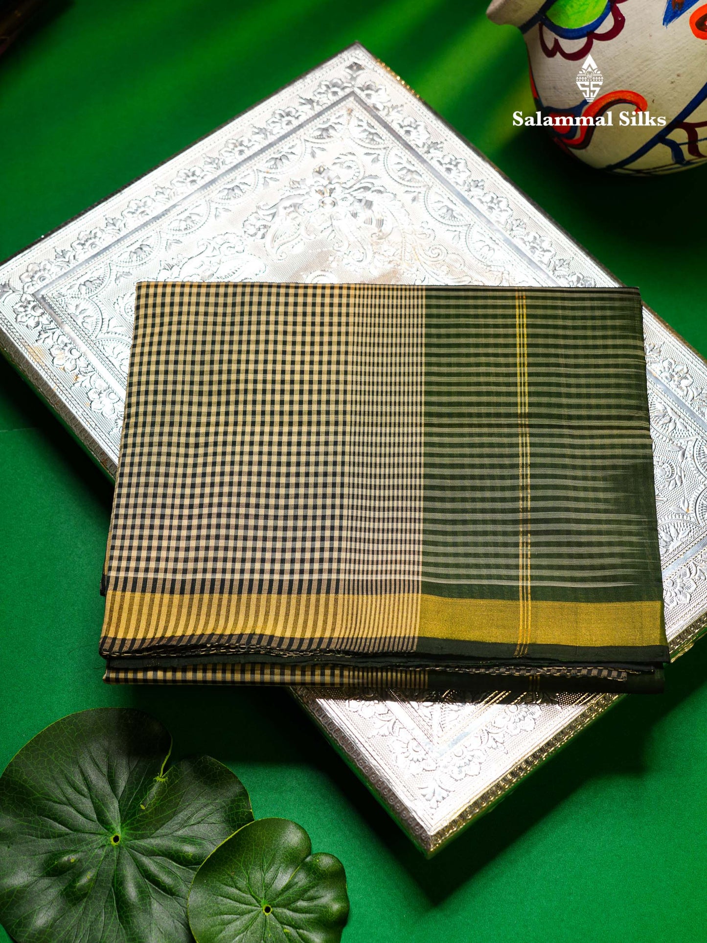 Beautiful Half White & Bottle Green Tiny Checks Semi Silk Cotton Saree With Contrast Bottle Green Blouse