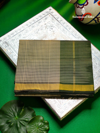 Beautiful Half White & Bottle Green Tiny Checks Semi Silk Cotton Saree With Contrast Bottle Green Blouse