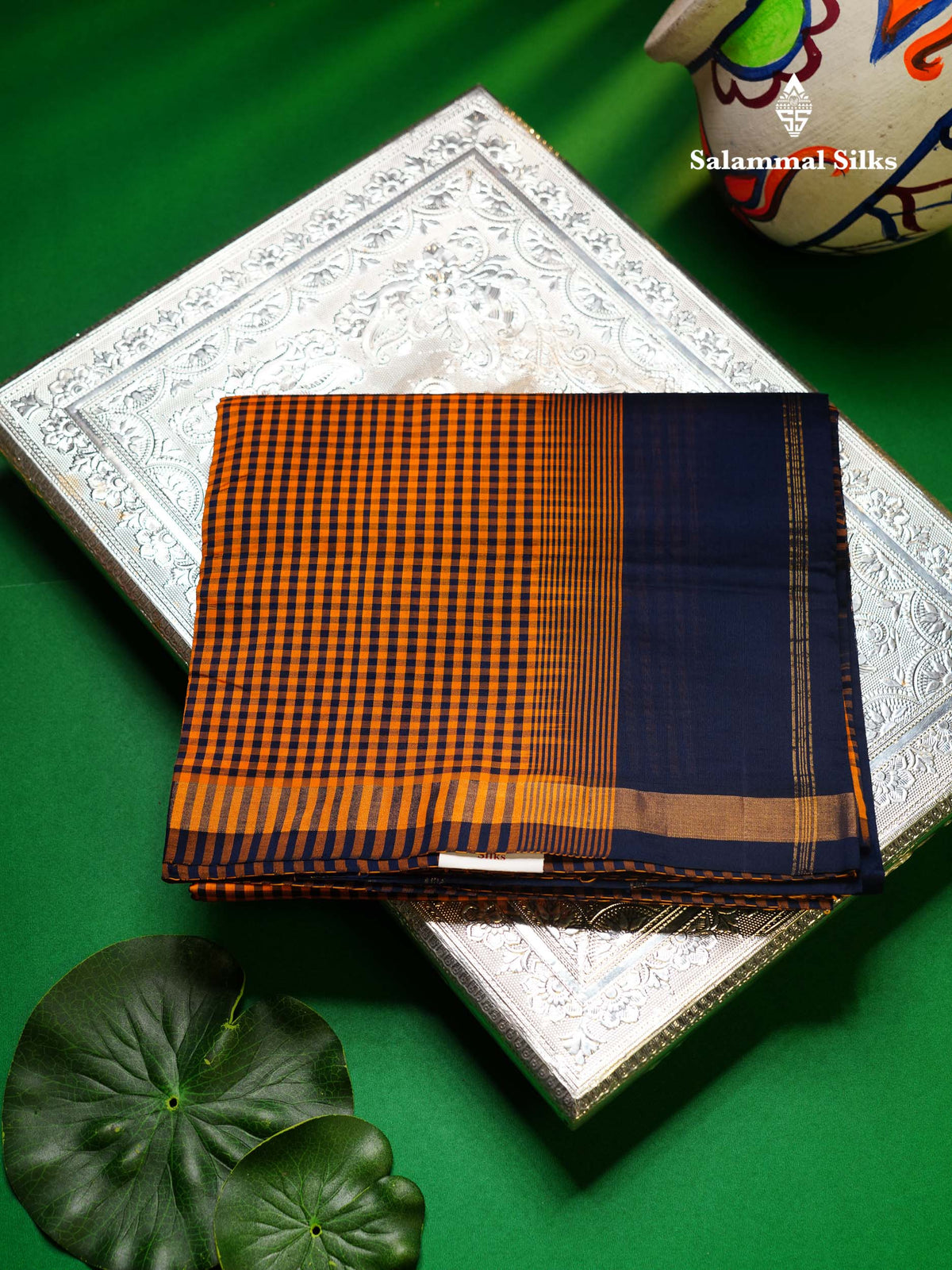 Beautiful Mustard Yellow & Navy Blue Tiny Checks Semi Silk Cotton Saree With Contrast Navy Blue Blouse