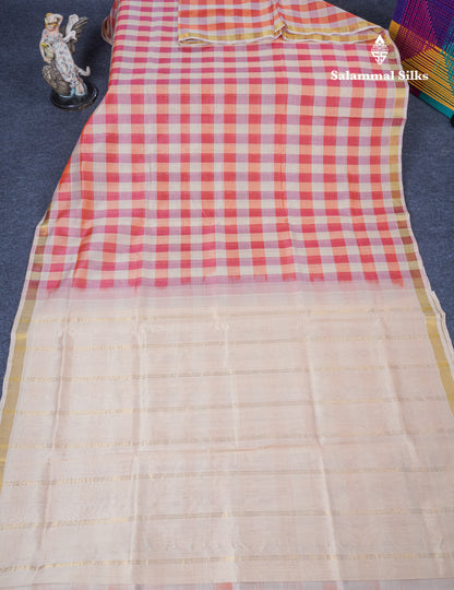Beautiful Paalum Pazham Checks Handloom Pure Silk Cotton Saree With Contrast Beige Blouse