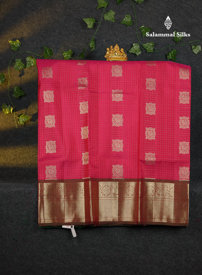 Beautiful Pure Silk Pattu Pavadai Checks With Butta (Pink) With Contrast Bottle Green Blouse 45"