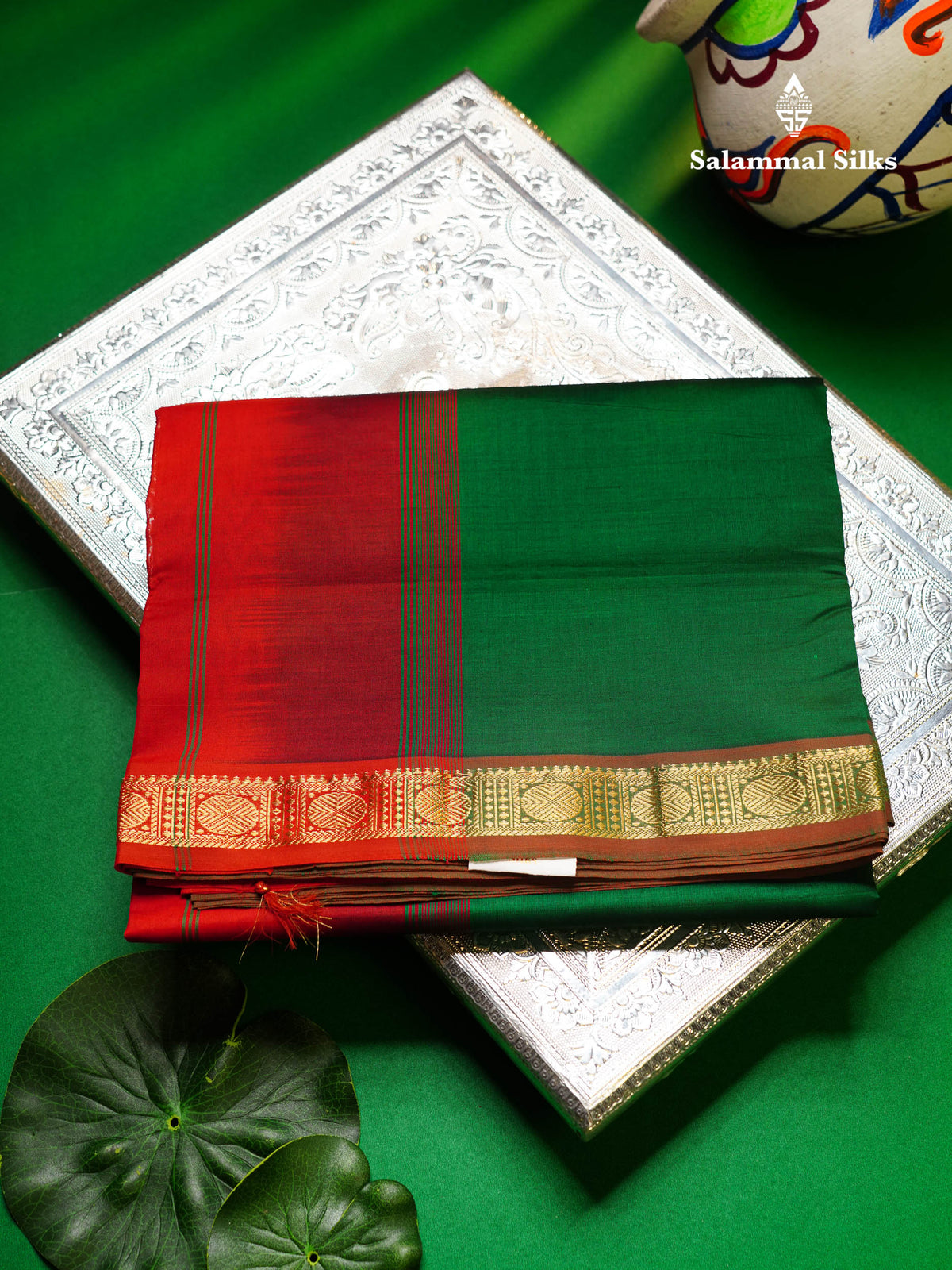 Beautiful Bottle Green Plain Semi Silk Cotton Saree With Contrast Chilly Red Blouse
