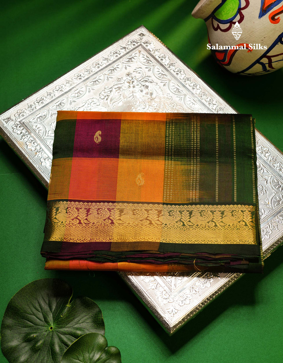 Beautiful Paalum Pazham Checks Pure Silk Cotton Saree With Contrast Bottle Green Blouse