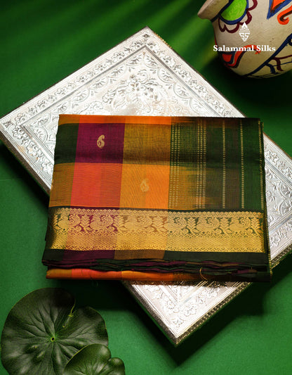 Beautiful Paalum Pazham Checks Pure Silk Cotton Saree With Contrast Bottle Green Blouse