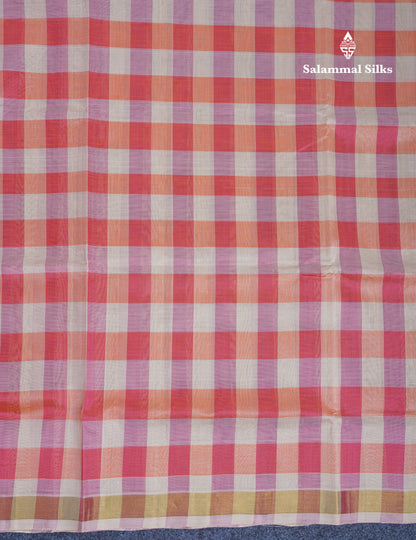 Beautiful Paalum Pazham Checks Handloom Pure Silk Cotton Saree With Contrast Beige Blouse