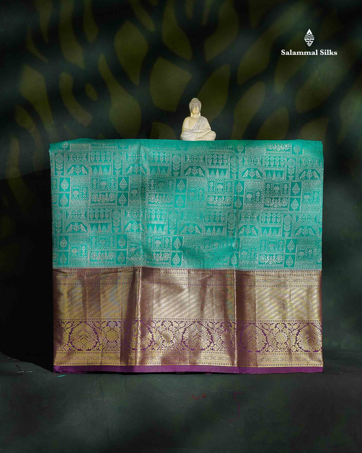 Semi Silk Pattu Pavadai - Teal Green With Dark Purple Blouse | 9+ Years 