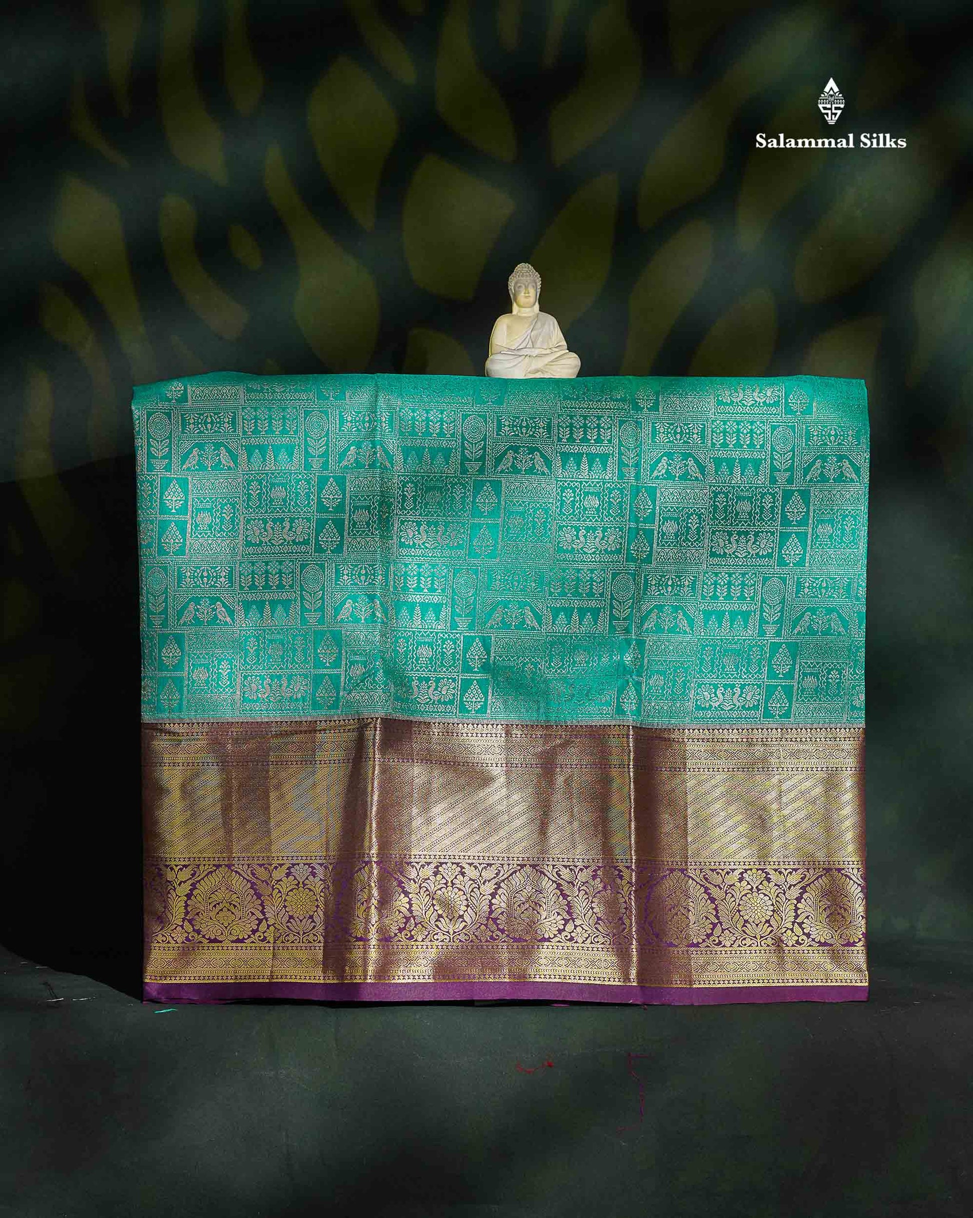 Semi Silk Pattu Pavadai - Teal Green With Dark Purple Blouse | 9+ Years 