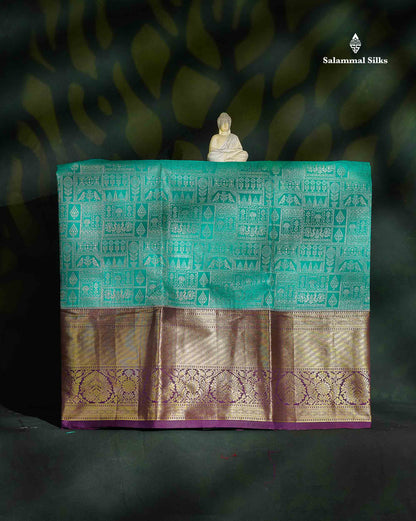 Semi Silk Pattu Pavadai - Teal Green With Dark Purple Blouse | 9+ Years 