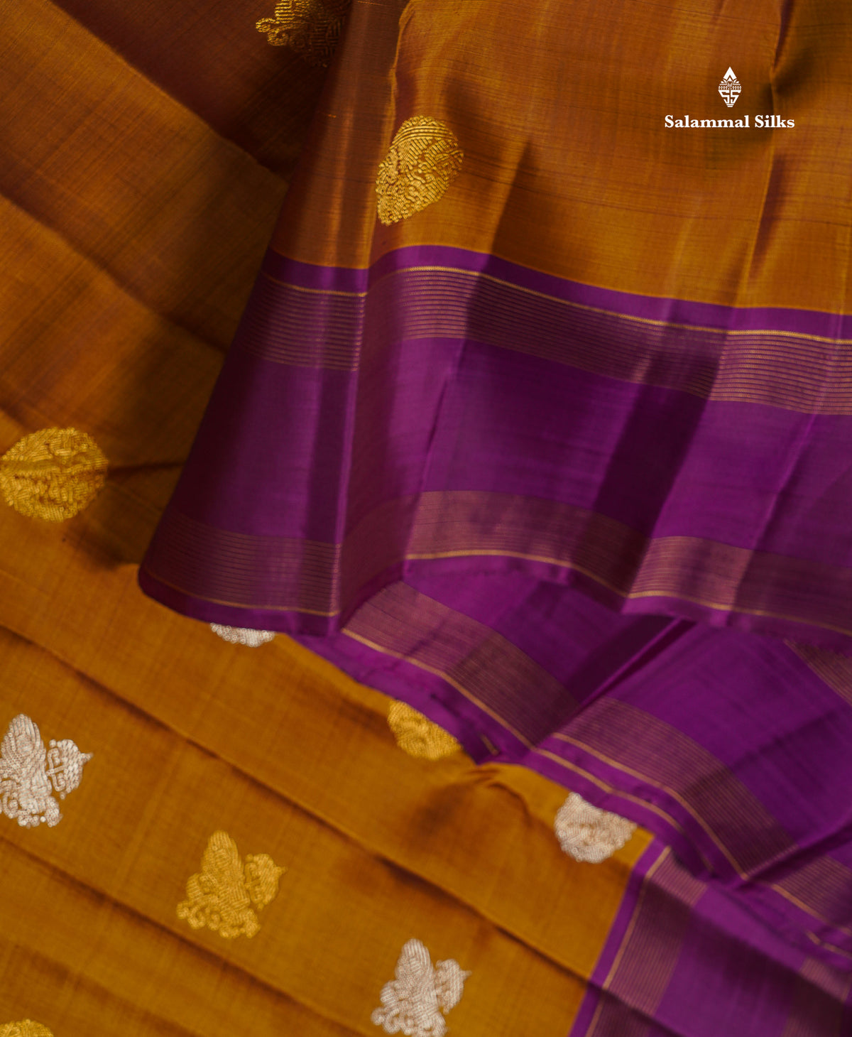 Pure Kanjivaram Silk Saree - Olive Mustard Yellow Colour Body With Contrast Magenta Gap Border