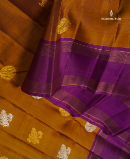 Pure Kanjivaram Silk Saree - Olive Mustard Yellow Colour Body With Contrast Magenta Gap Border