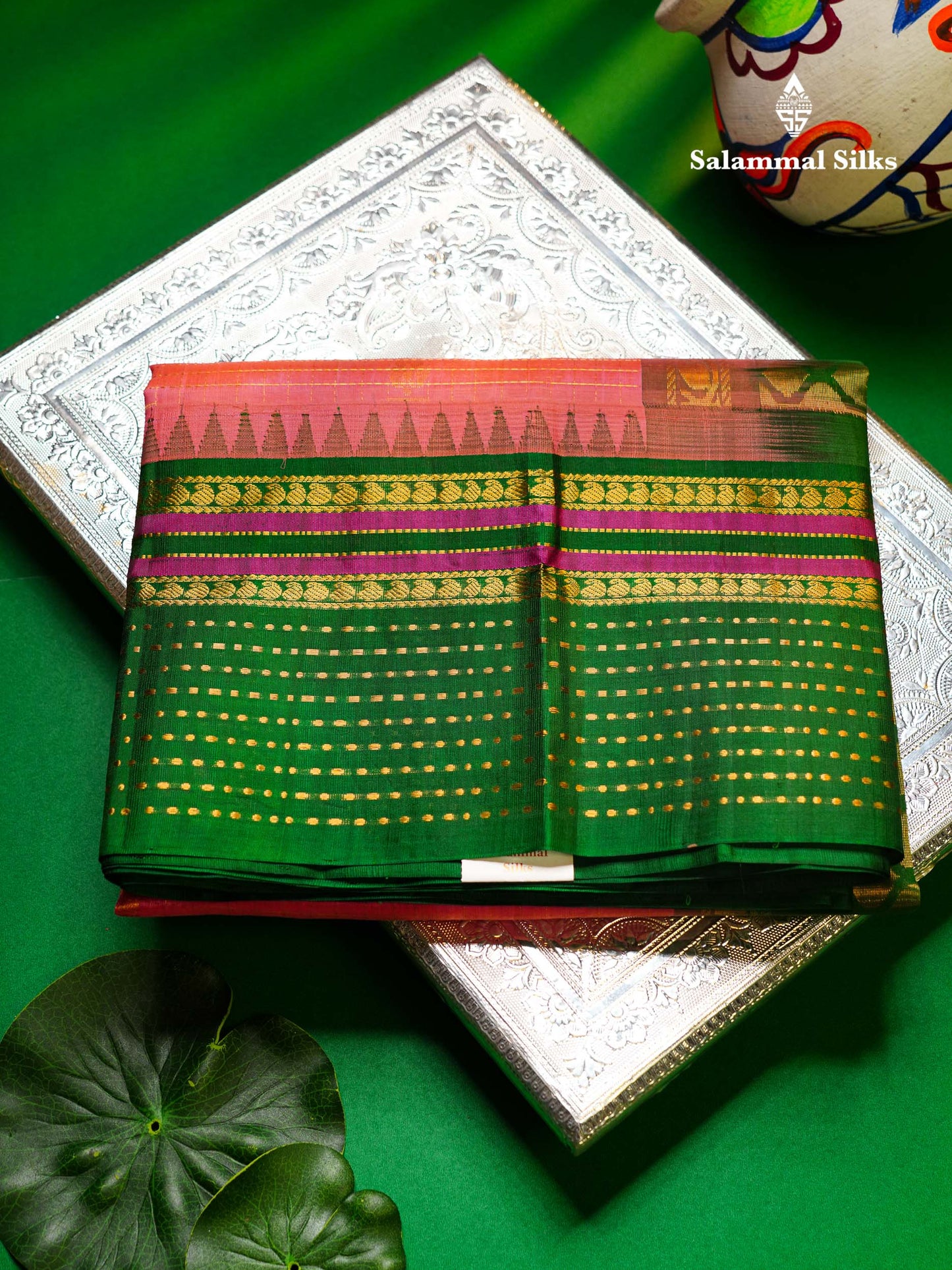 Beautiful Dual Tone Peach Zari Checks With Butta Pure Silk Cotton Saree With Contrast Green Traditional Evening Morning Border