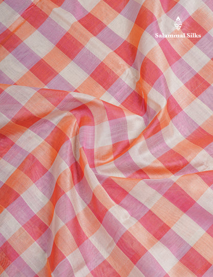 Beautiful Paalum Pazham Checks Handloom Pure Silk Cotton Saree With Contrast Beige Blouse