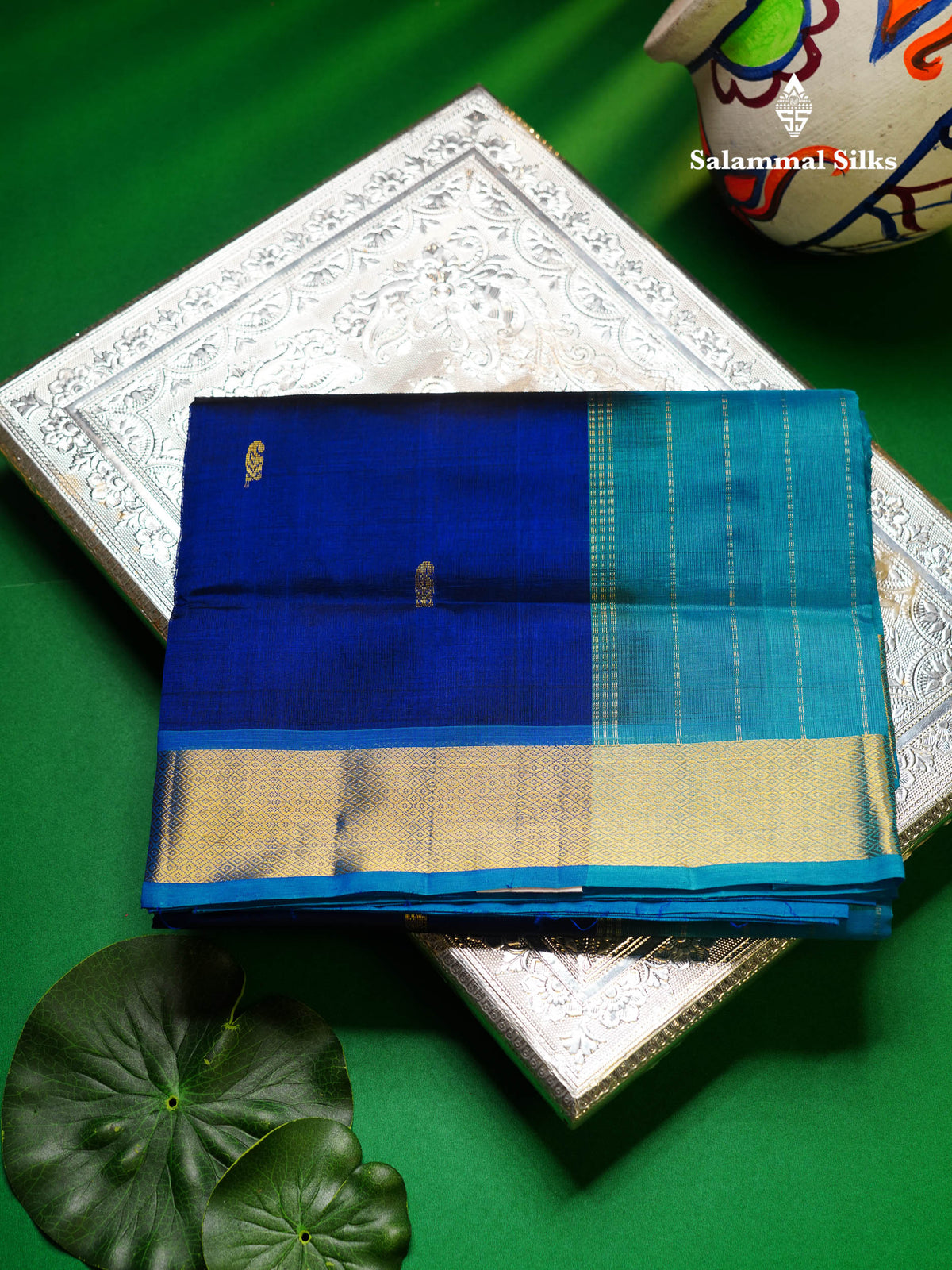Beautiful Navy Blue Pure Silk Cotton Saree With Contrast Anandha Blue Traditional Border