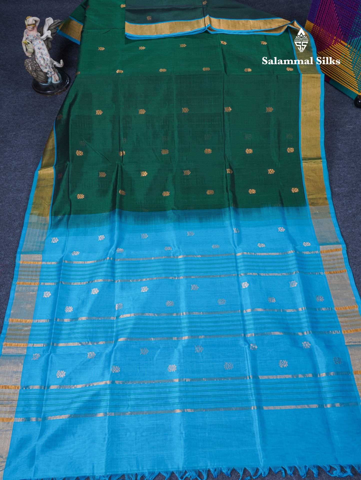 Bottle Green Pure Silk Cotton Saree With Contrast Sky Blue Blouse