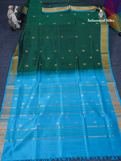 Bottle Green Pure Silk Cotton Saree With Contrast Sky Blue Blouse