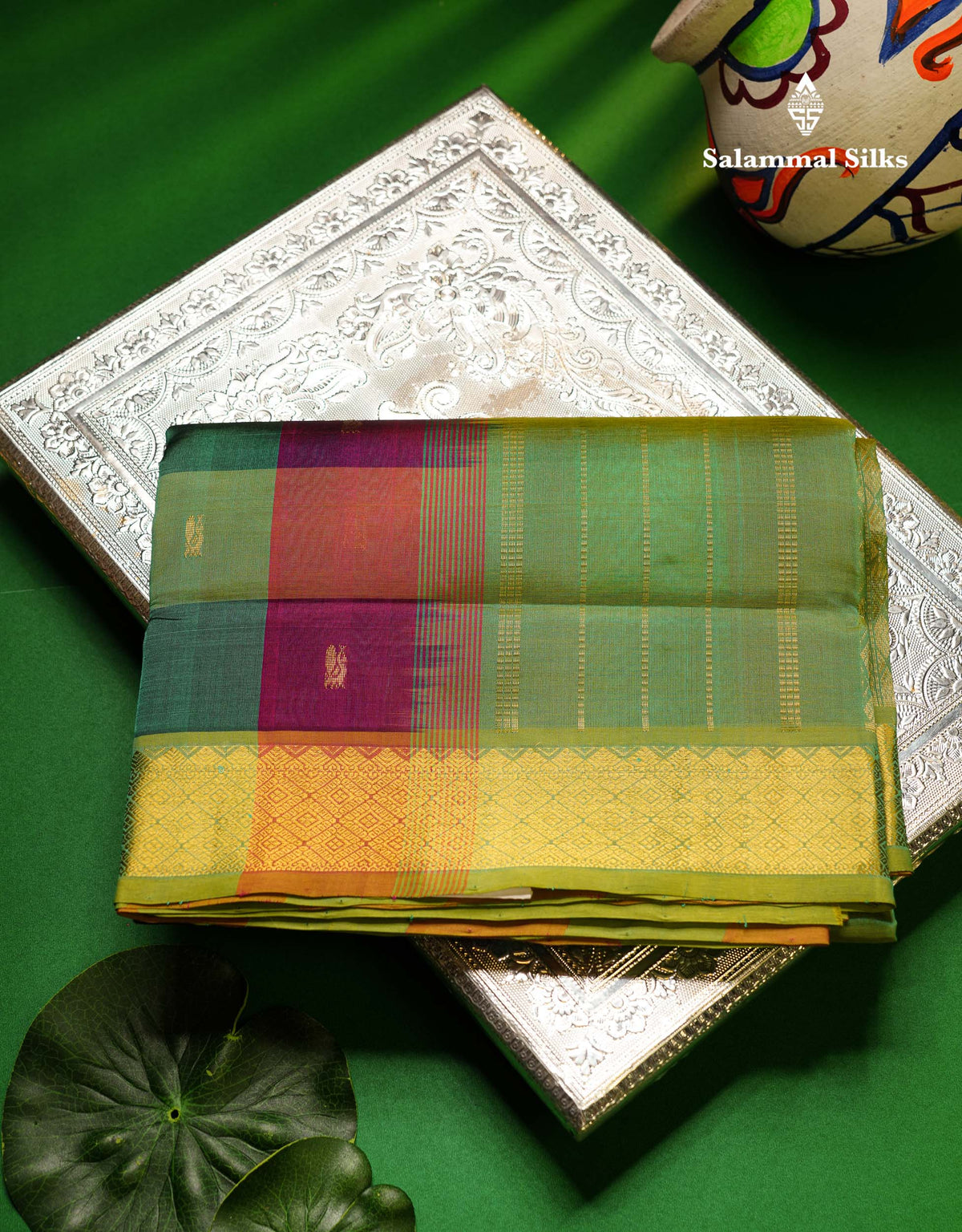 Beautiful Paalum Pazham Checks Pure Silk Cotton Saree With Contrast Sapphire Green Blouse