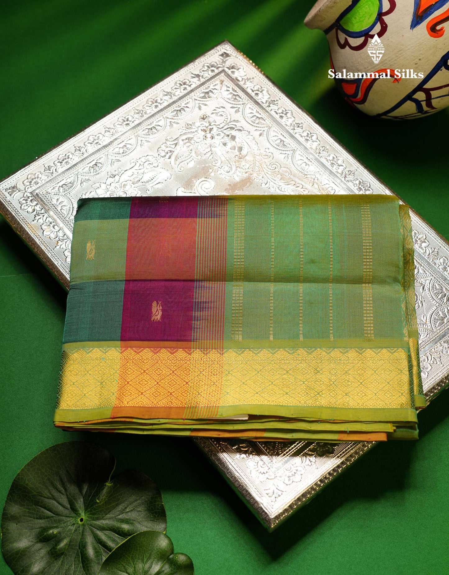 Beautiful Paalum Pazham Checks Pure Silk Cotton Saree With Contrast Sapphire Green Blouse