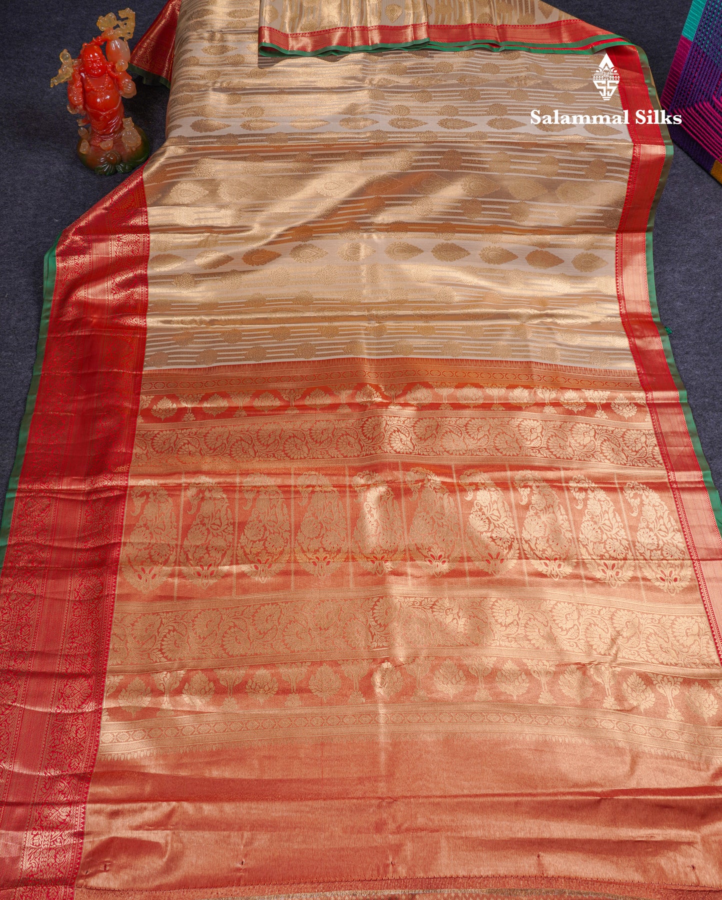 Beautiful Dark Sandal Tissue Fancy Semi Silk Saree With Contrast Chilly Red Traditional Evening Morning Border