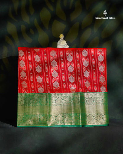 Semi Silk Pattu Pavadai - Chilly Red With Bottle Green Blouse | 9+ Years
