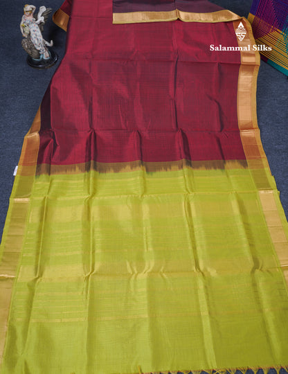 Dark Maroon Plain Pure Silk Cotton Saree With Contrast Parrot Green Blouse