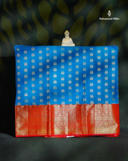 Semi Silk Pattu Pavadai - Blue With Red Blouse | 9+ Years