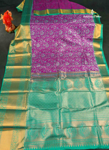 Semi Silk Saree - Purple Colour Body With Contrast Sapphire Green Border