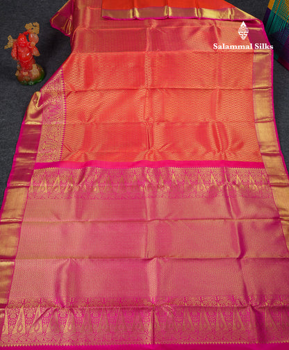 Beautiful Dual Tone Pinkish Orange Bridal Pure Kanjivaram Silk Saree With Contrast Magenta Pink Traditional Evening Morning Border