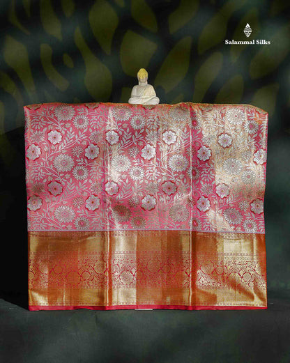Semi Silk Pattu Pavadai - Peach Pink Tissue With Contrast Maroon Blouse | 9+ Years 