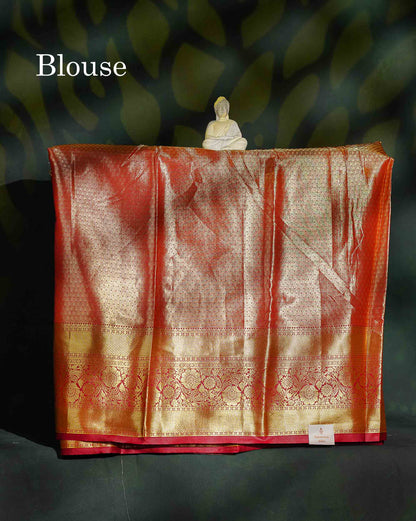 Semi Silk Pattu Pavadai - Peach Pink Tissue With Contrast Maroon Blouse | 9+ Years