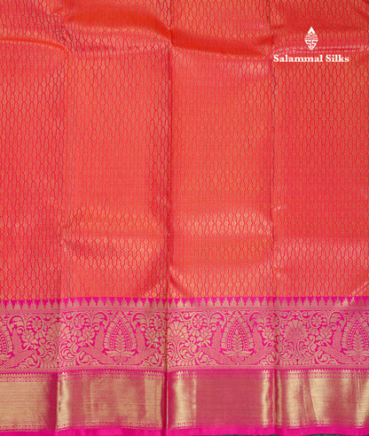 Beautiful Dual Tone Pinkish Orange Bridal Pure Kanjivaram Silk Saree With Contrast Magenta Pink Traditional Evening Morning Border