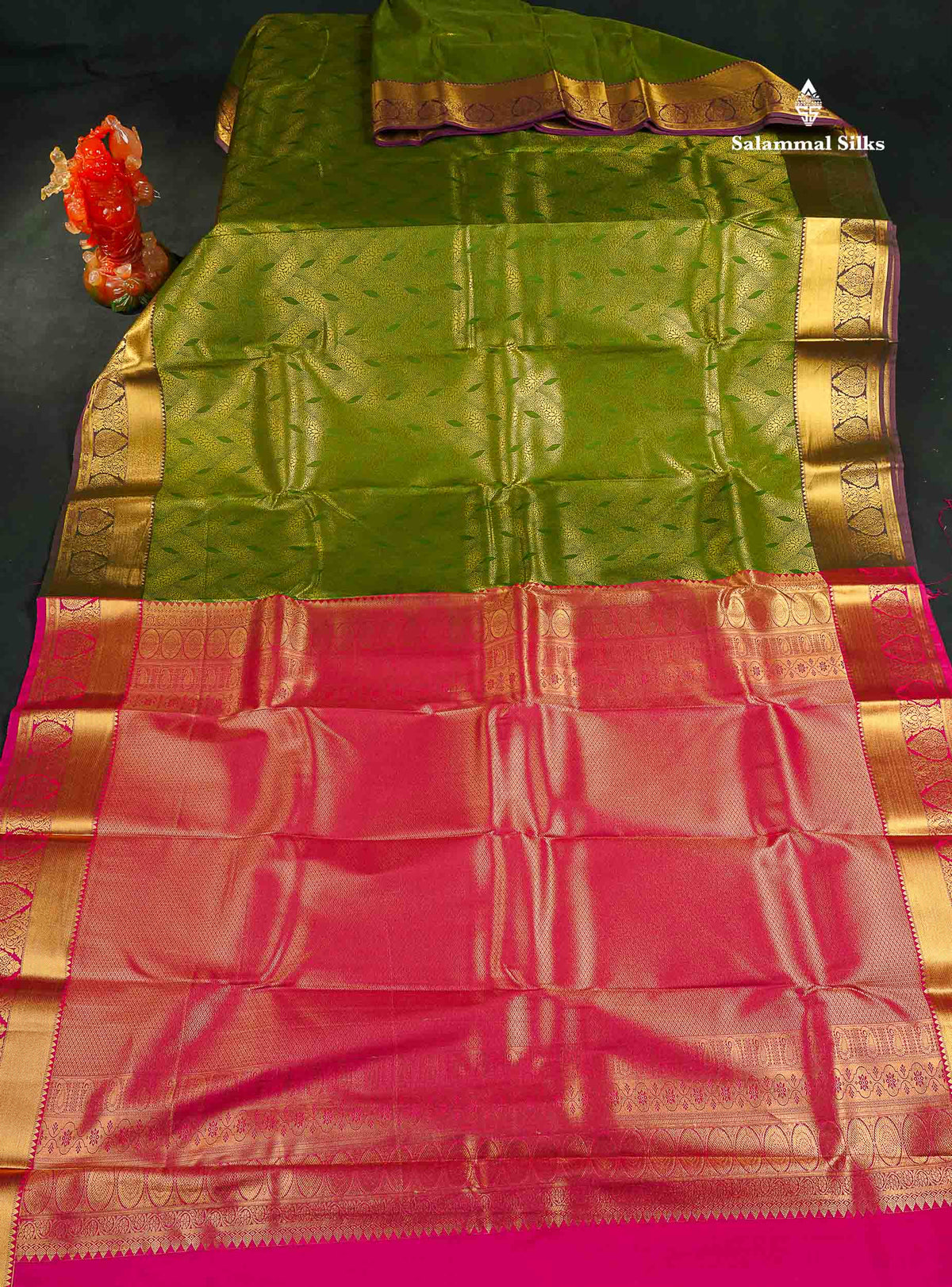 Semi Silk Saree - Olive Green Colour Body With Contrast Pink Blouse