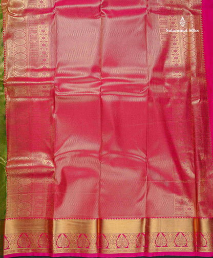 Semi Silk Saree - Olive Green Colour Body With Contrast Pink Blouse