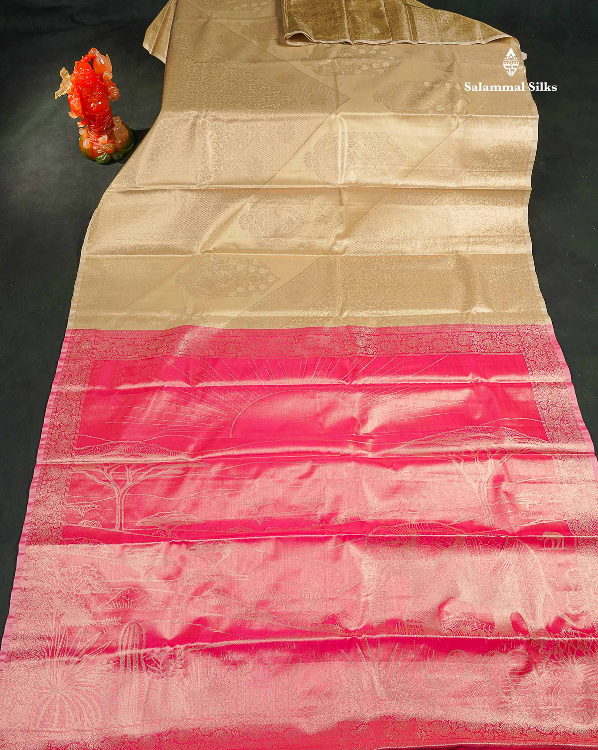 Fancy Tissue Semi Silk Saree - Beige Colour Body With Contrast Pink Blouse
