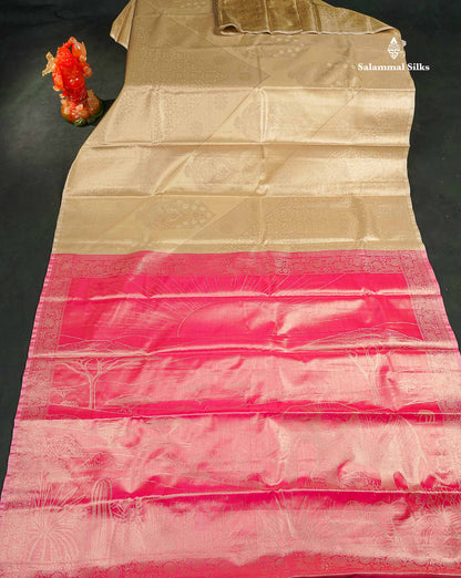 Fancy Tissue Semi Silk Saree - Beige Colour Body With Contrast Pink Blouse