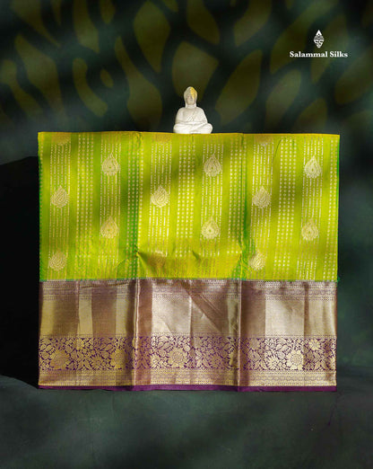 Semi Silk Pattu Pavadai - Manthulir Green With Dark Purple Blouse | 9+ Years 