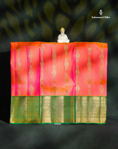 Pure Silk Pattu Pavadai - Pinkish Orange With Bottle Green Blouse | 9+ Years 