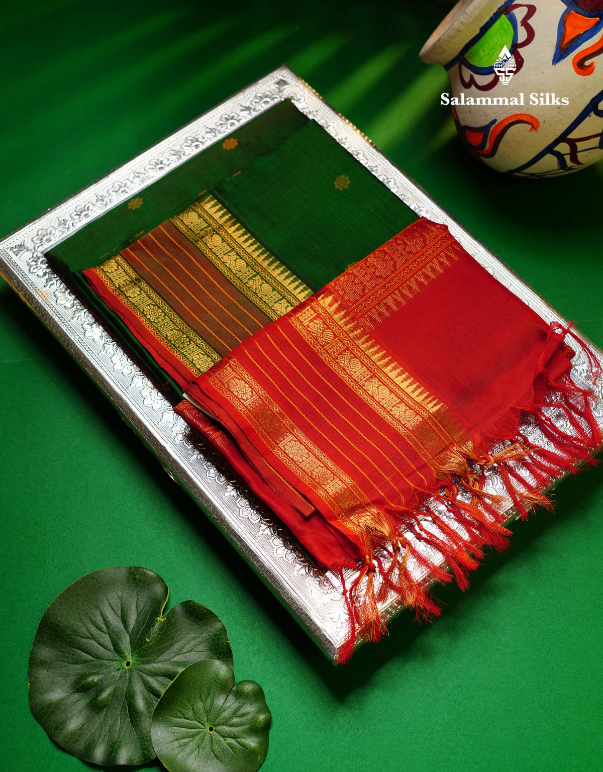 Beautiful Bottle Green Thread Butta Pure Silk Cotton Saree With Contrast Dual Tone Red Traditional Border